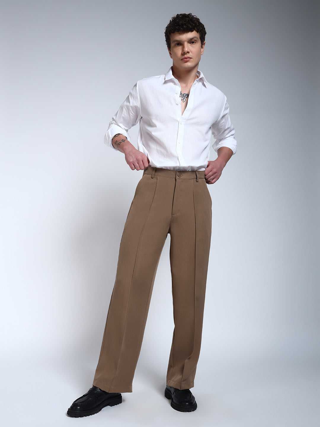 Light Brown Solid Pintuck Korean Pants