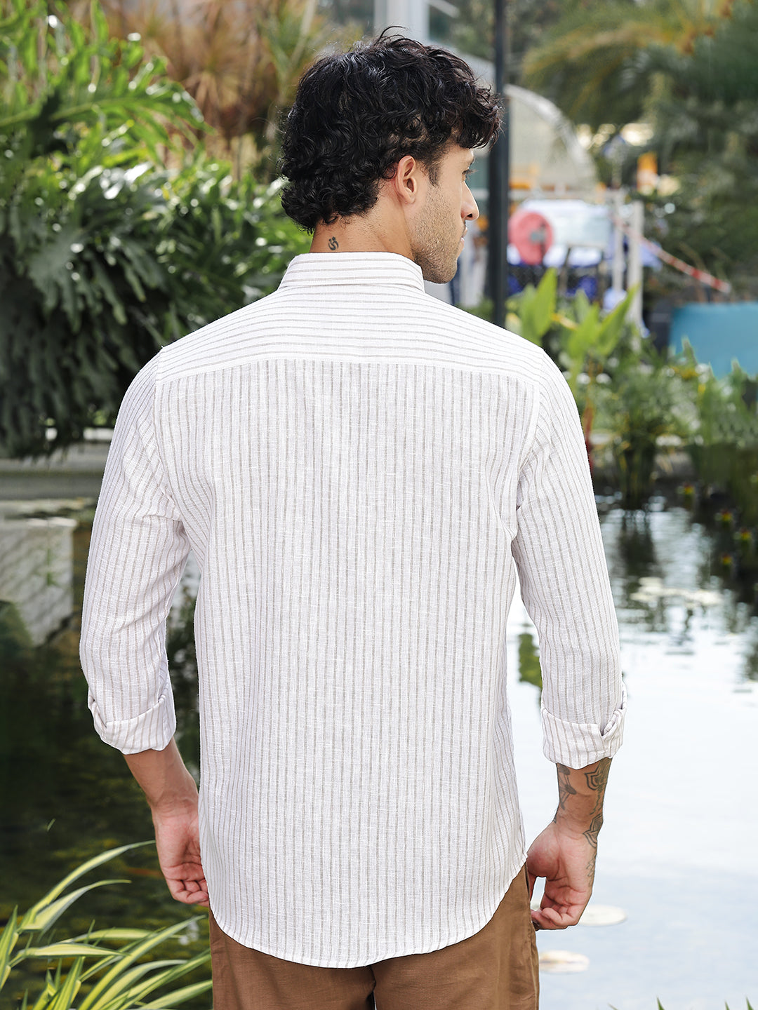 Brown Striped Slim Fit Linen Shirt