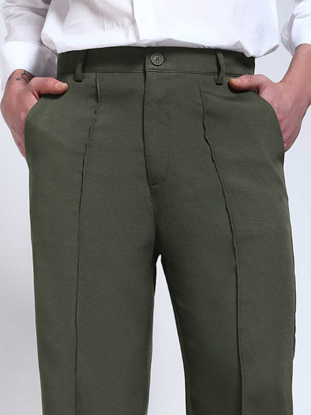 Olive Green Solid Pintuck Korean Pants
