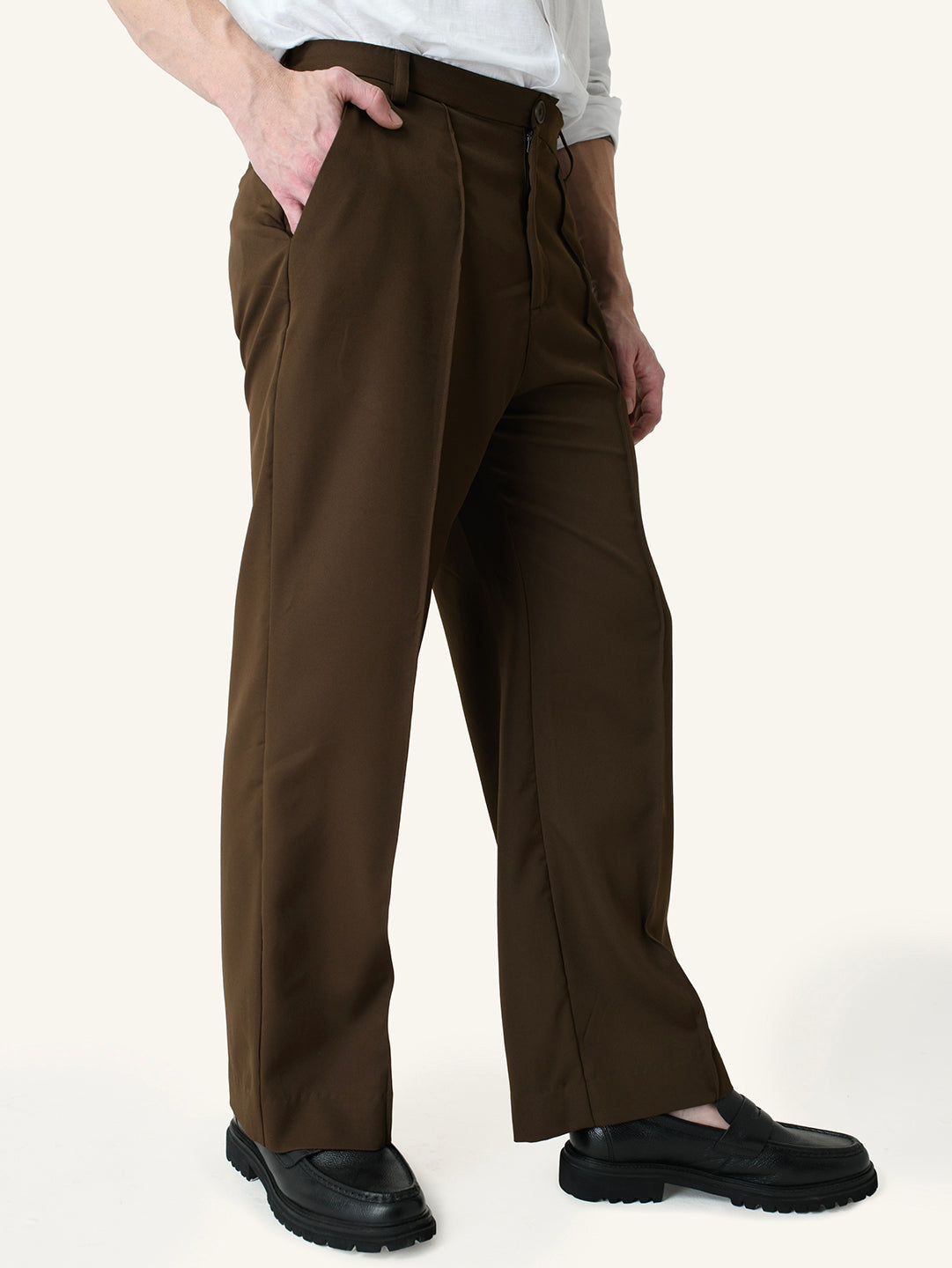 Brown Solid Pintuck Korean Pants