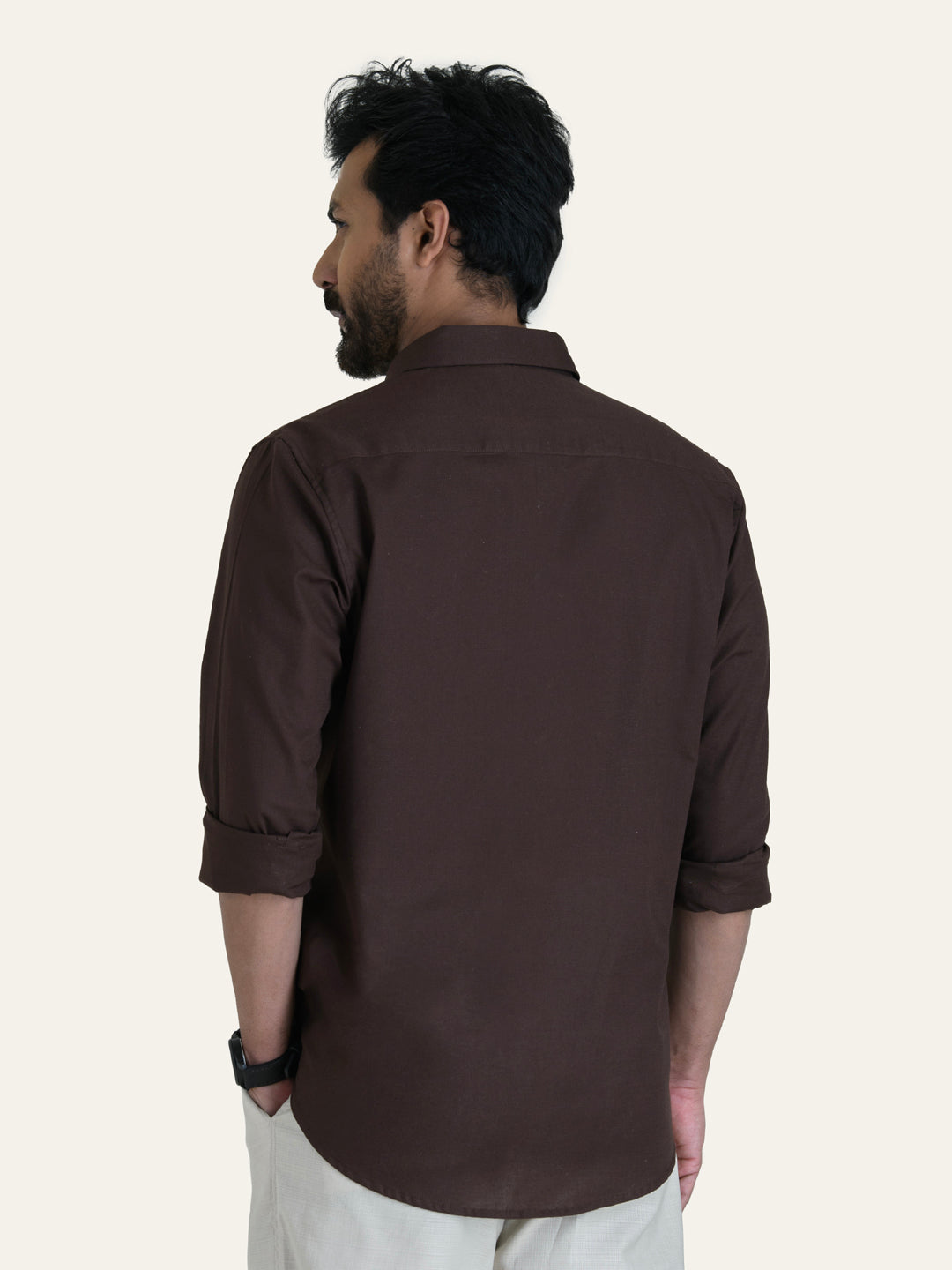 Dark Brown Solid Slim Fit Linen Cotton Shirt