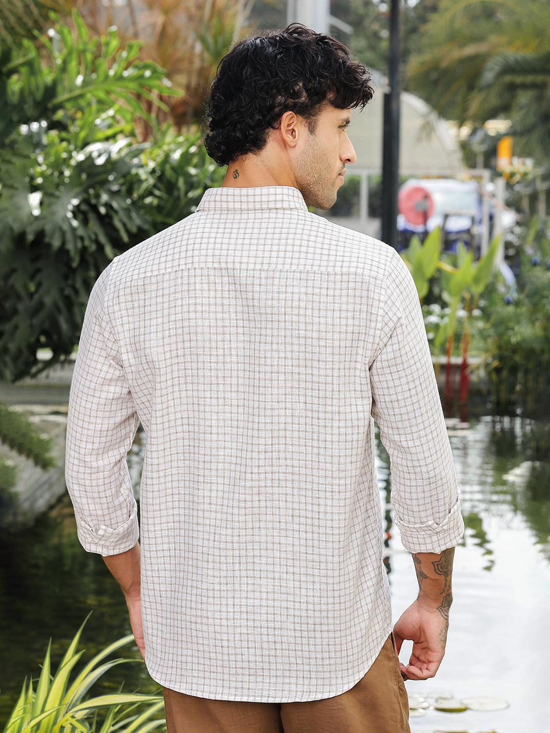 Brown Checked Slim Fit Linen Shirt