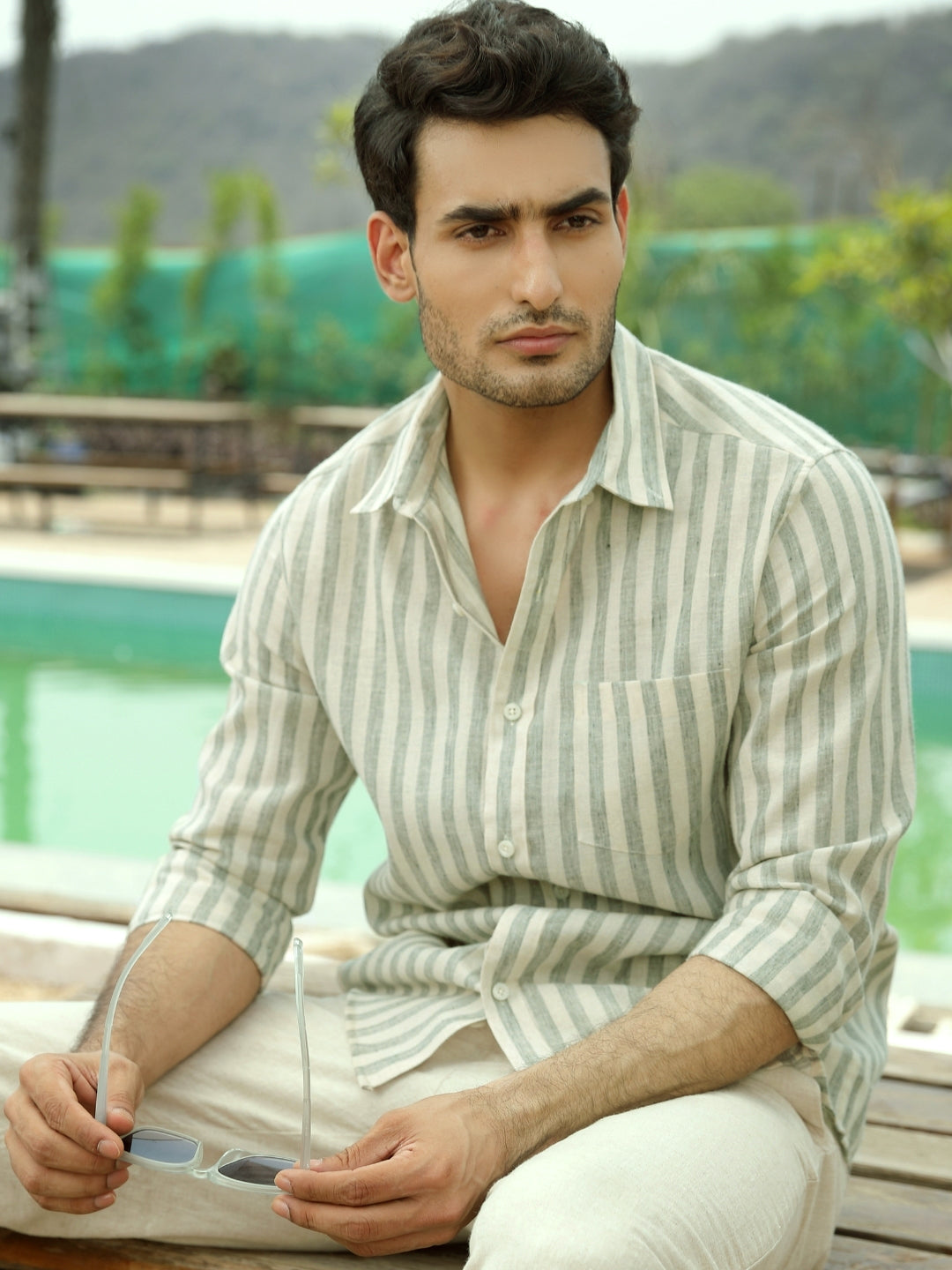 Sage Green Stripes Linen Cotton Shirt