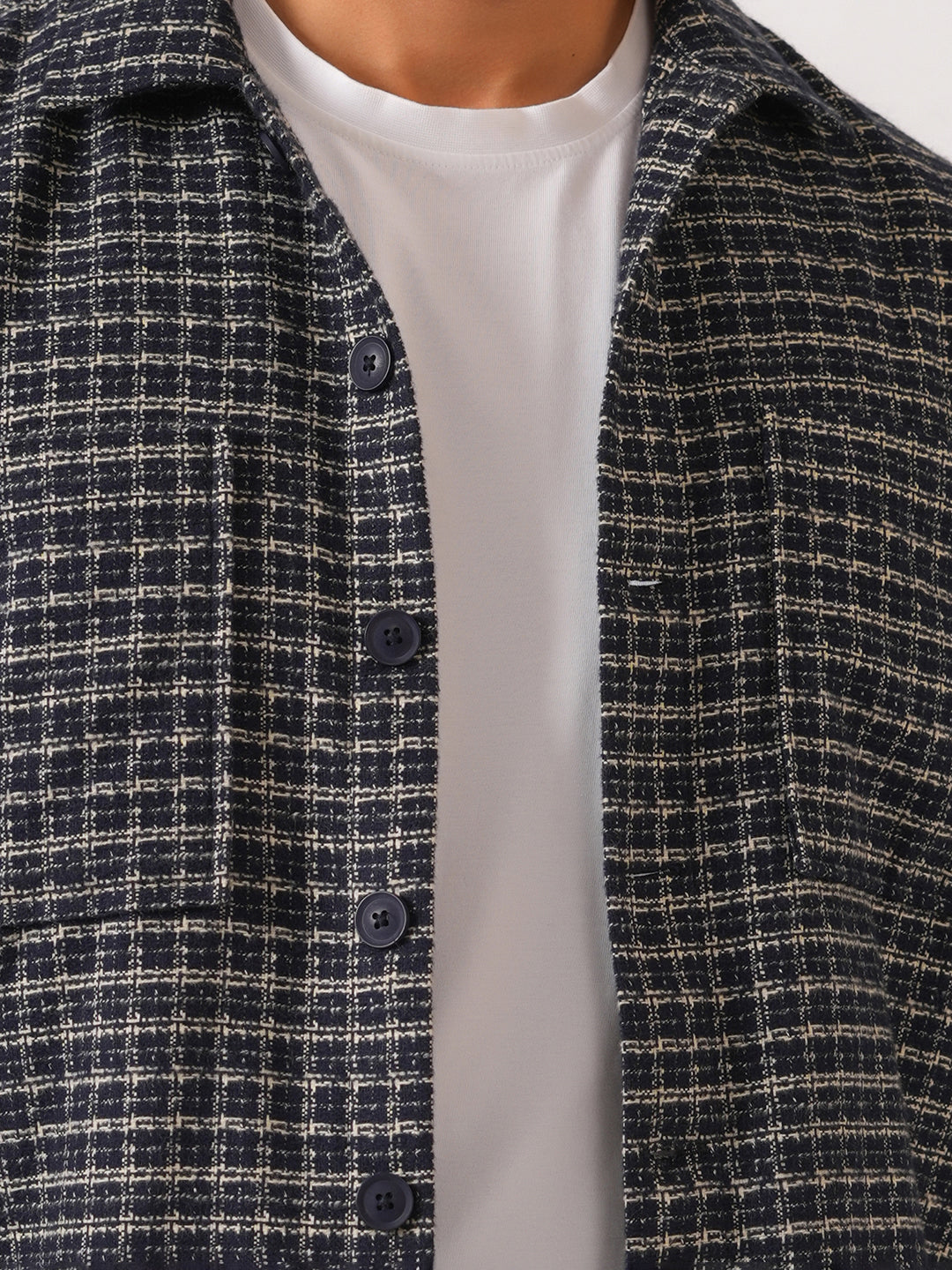 Navy Blue Checked Cotton Shacket Over-Shirt