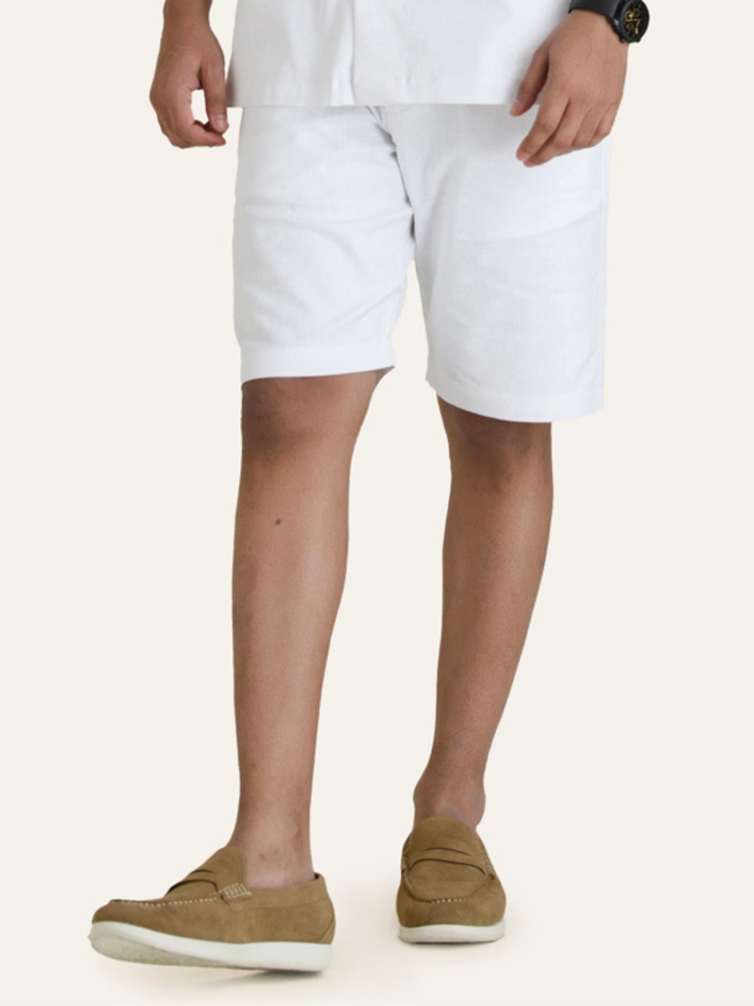 Linen White Solid Shorts