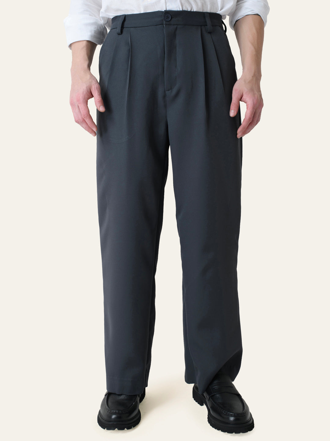 Dark Grey Solid Pleated Korean Pants
