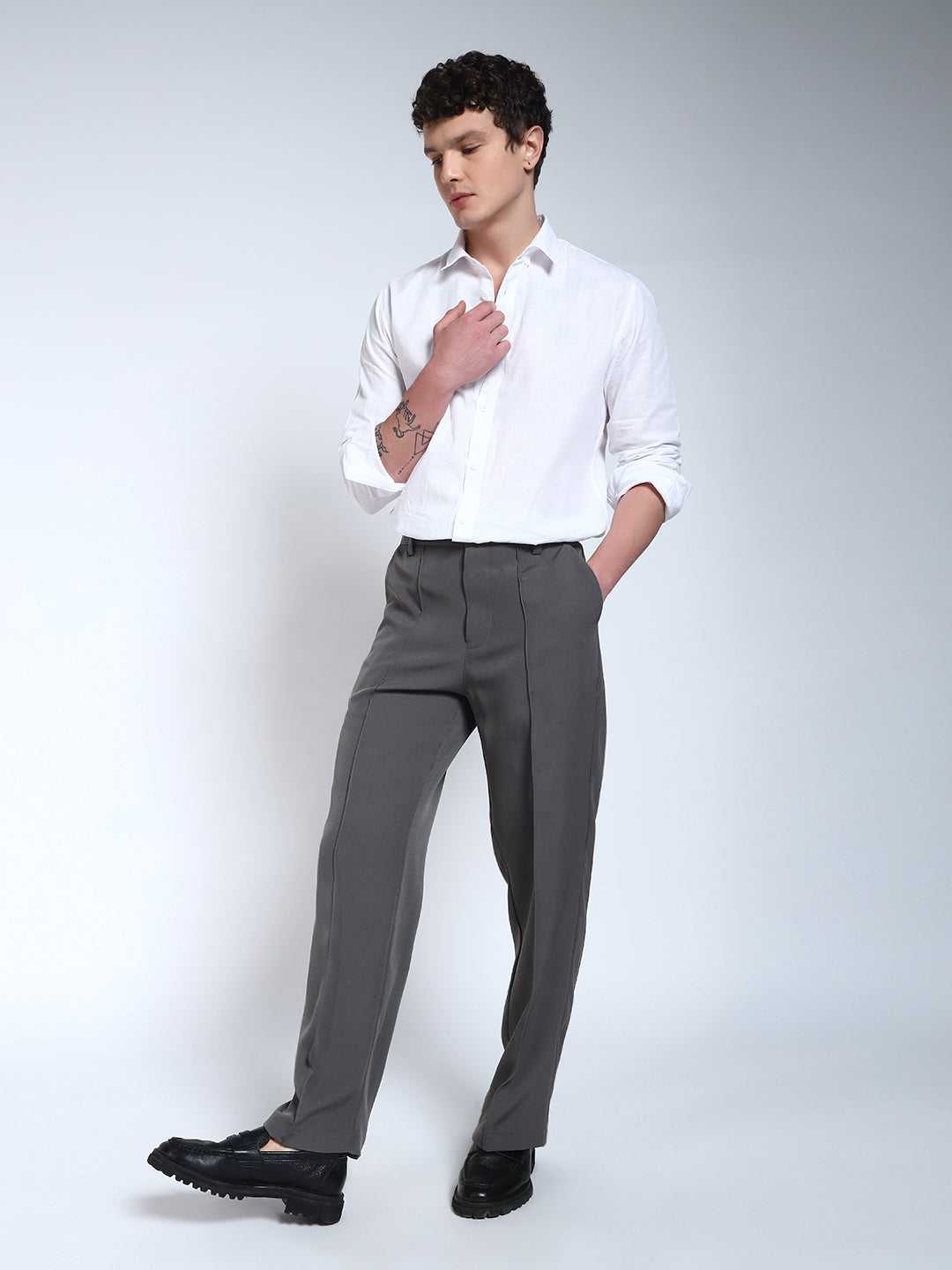 Steel Grey Solid Pintuck Korean Pants