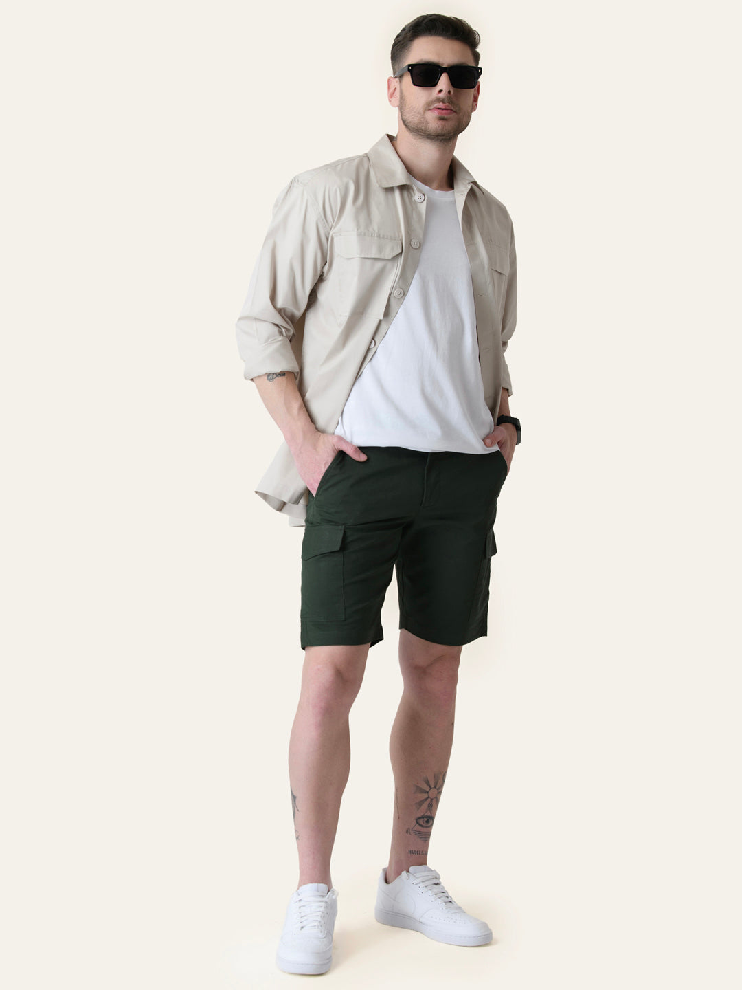 Twill Cotton Bottle Green Solid Shorts