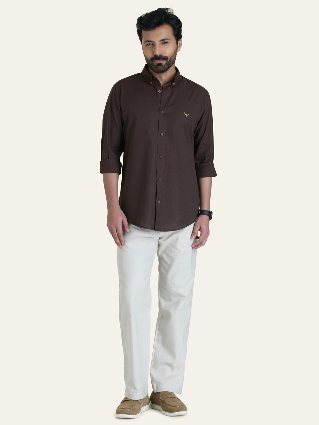 Dark Brown Solid Slim Fit Linen Cotton Shirt