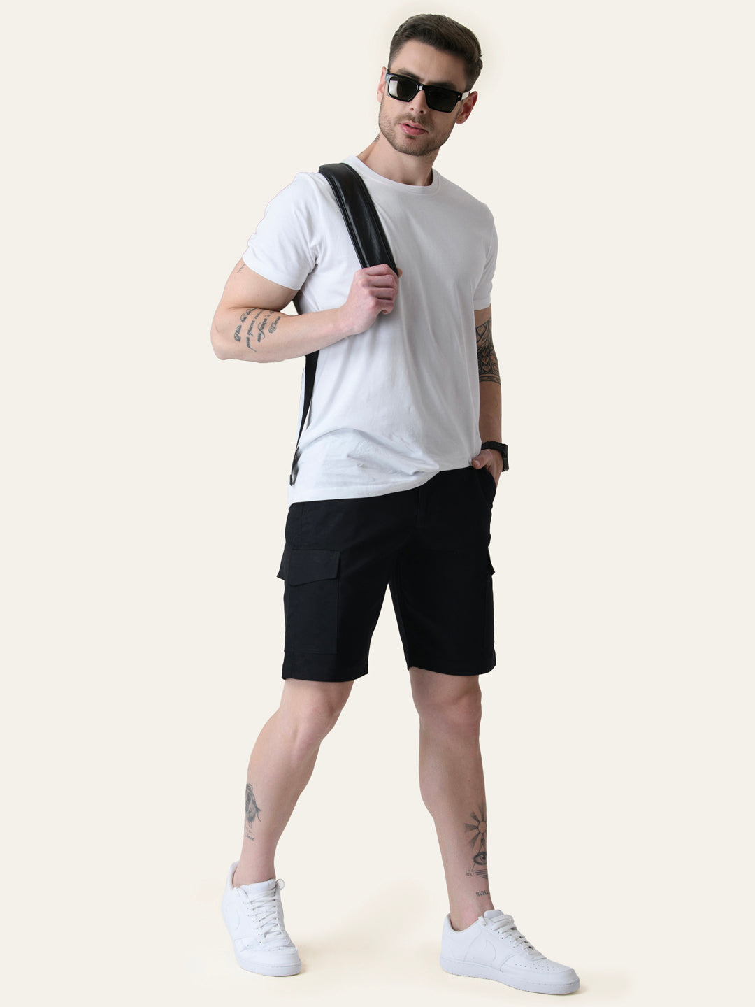 Twill Cotton Black Solid Shorts