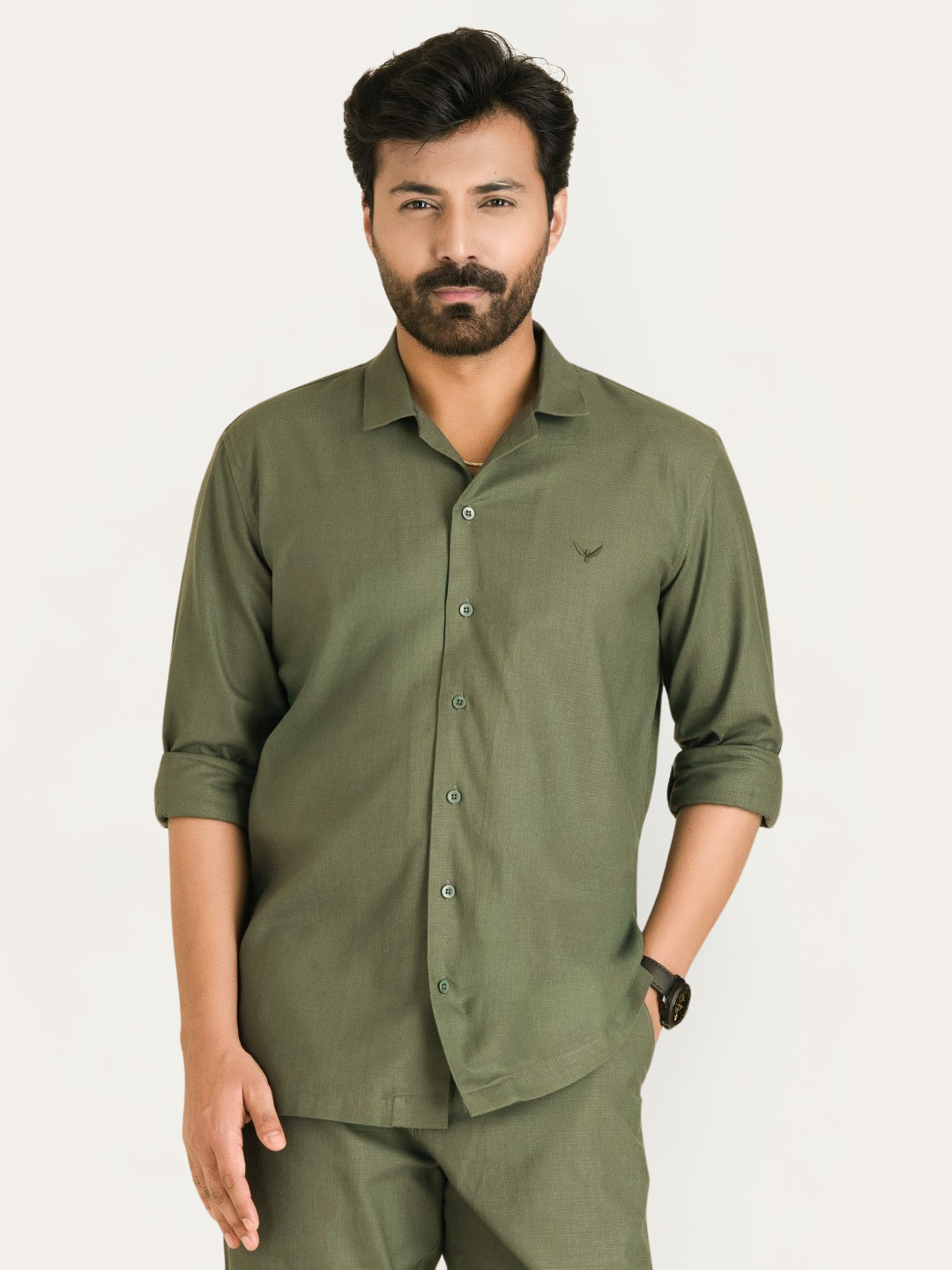 Olive Green Linen Solid Shirt Pants Co-ord Set.