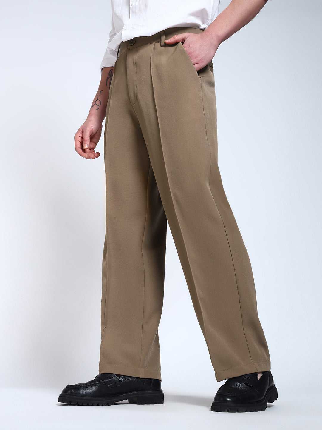 Light Brown Solid Pintuck Korean Pants