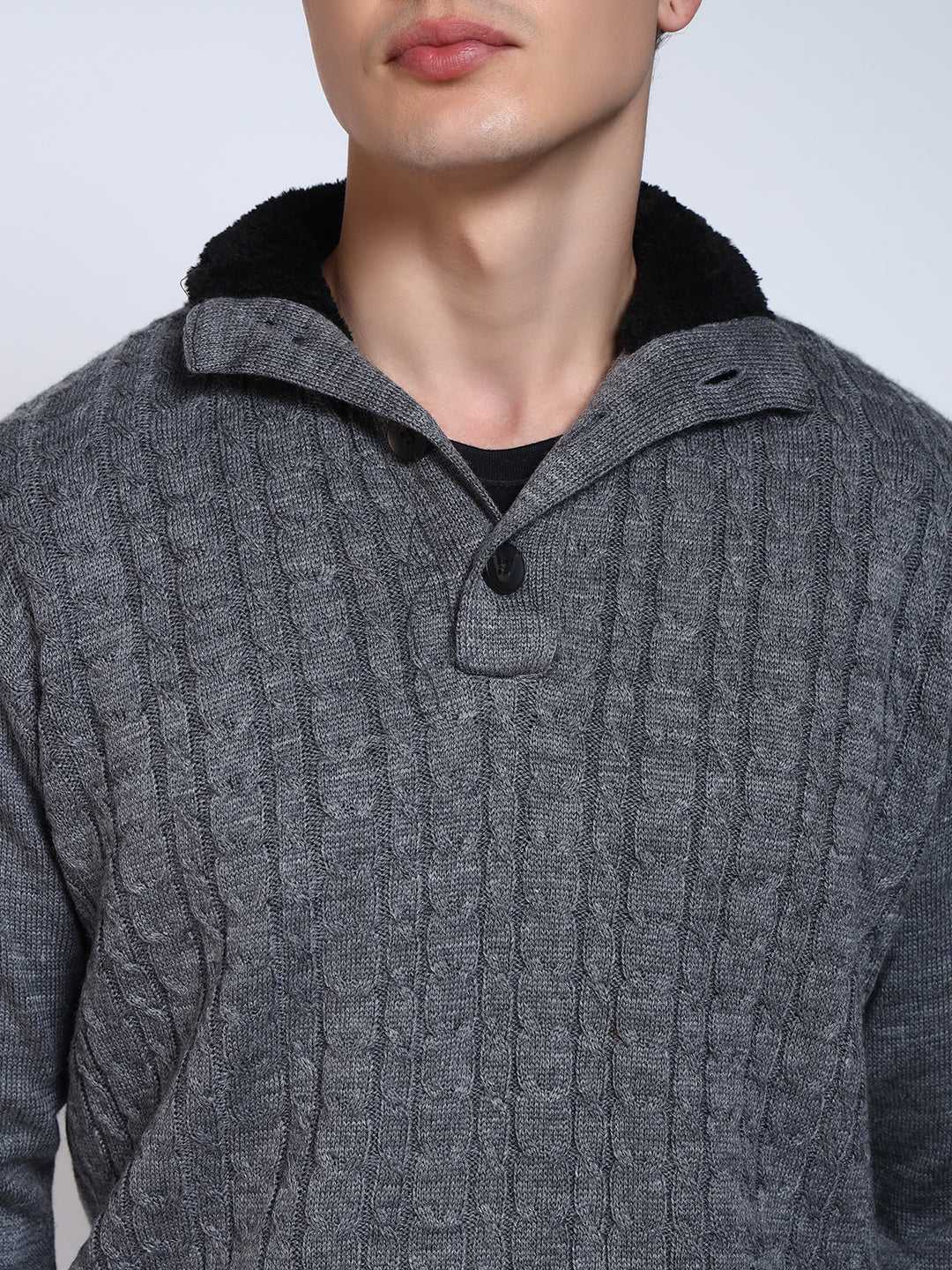 Grey Solid Cable Knit Fur Collar Pullover-Sweater