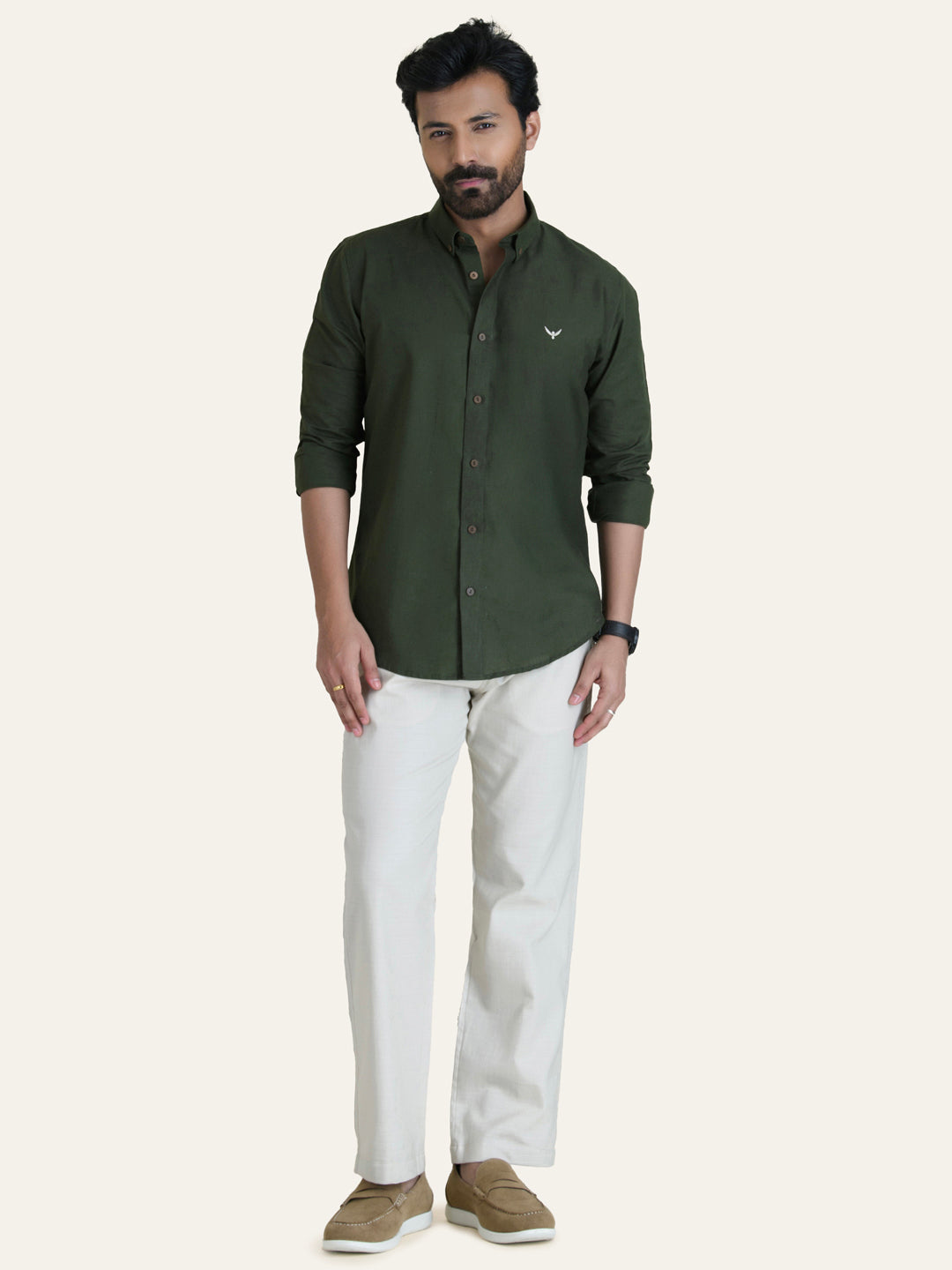 Green Solid Slim Fit Linen Cotton Shirt