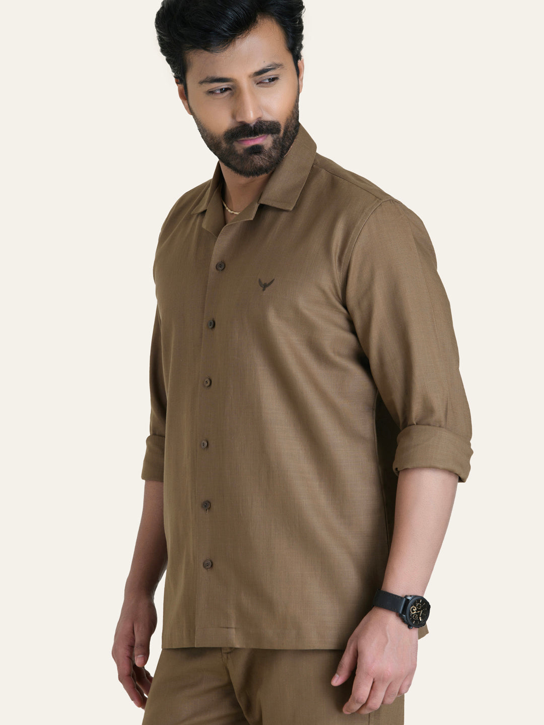 Brown Linen Solid Shirt Pants Co-ord Set.