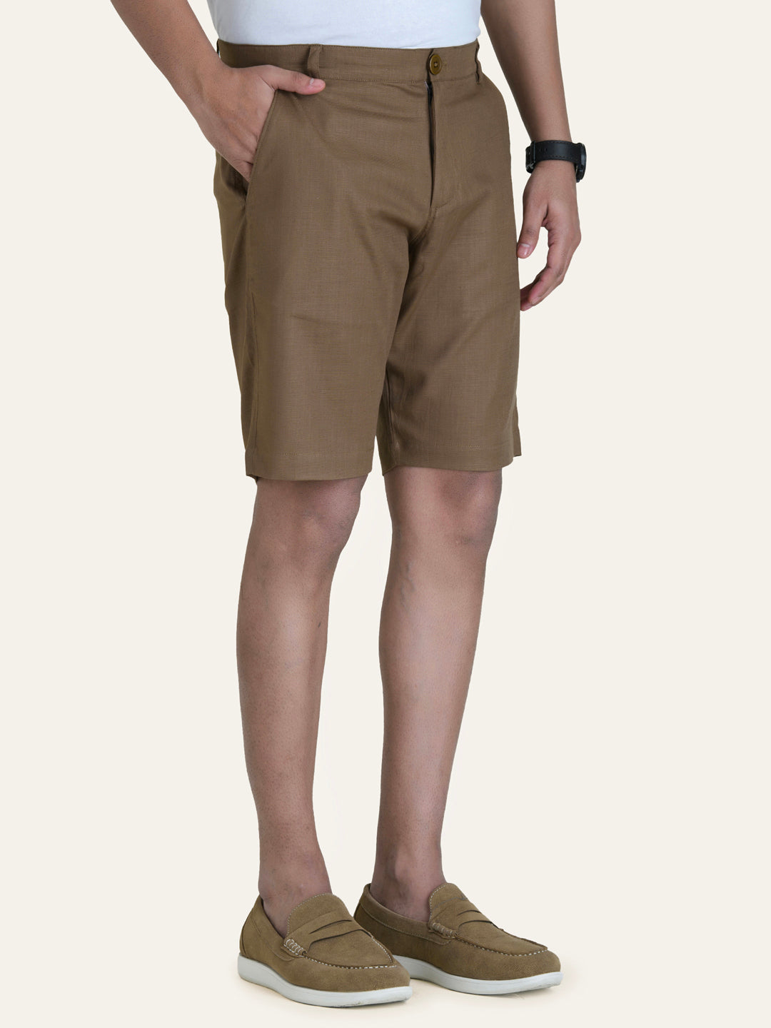 Brown Linen Solid Shirt Shorts Co-ord Set.