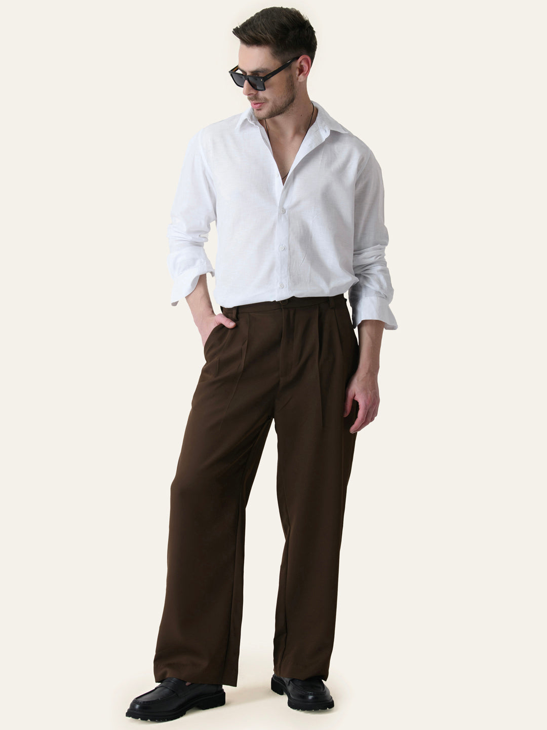 Brown Solid Pleated Korean Pants