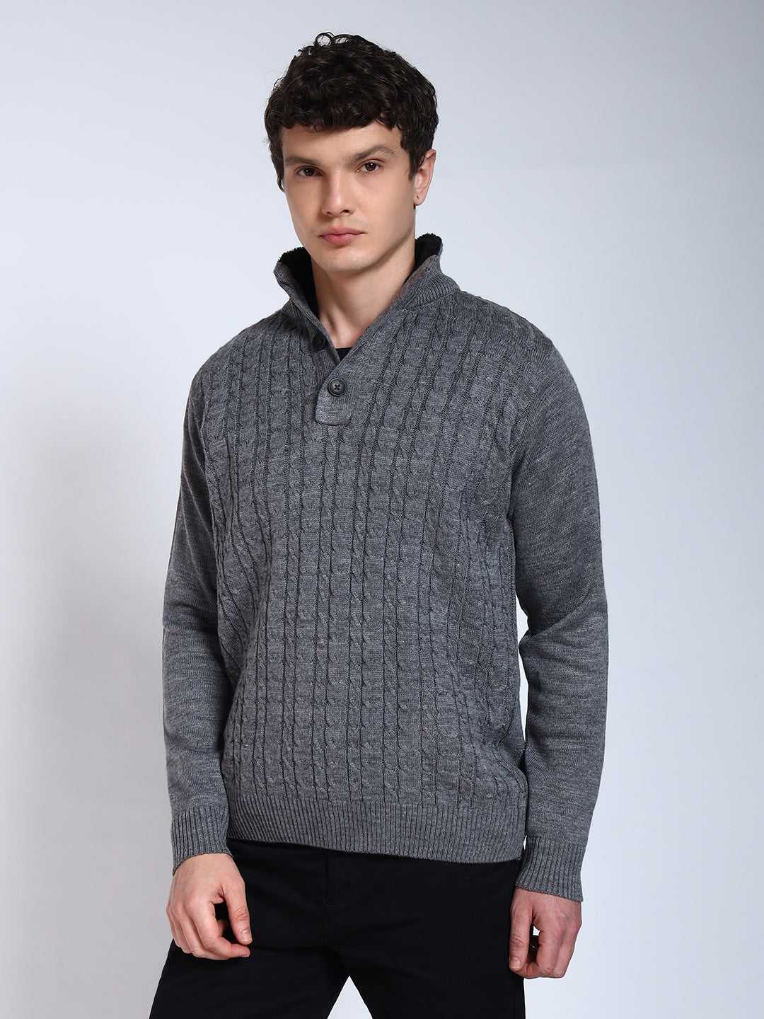 Grey Solid Cable Knit Fur Collar Pullover-Sweater