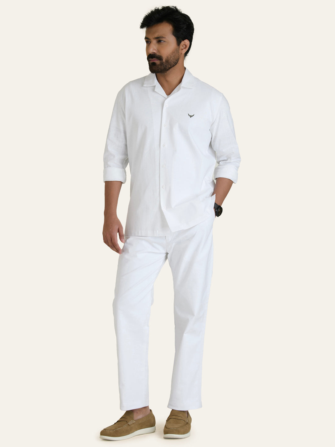 White Linen Solid Shirt Shorts Co-ord Set.