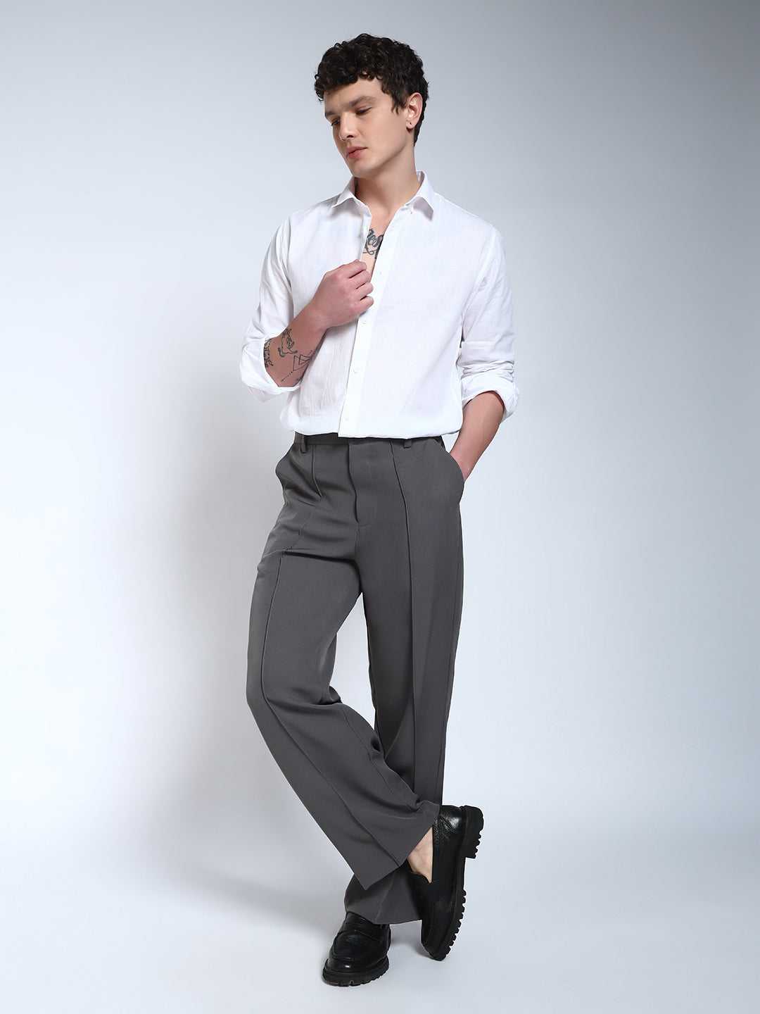 Steel Grey Solid Pintuck Korean Pants