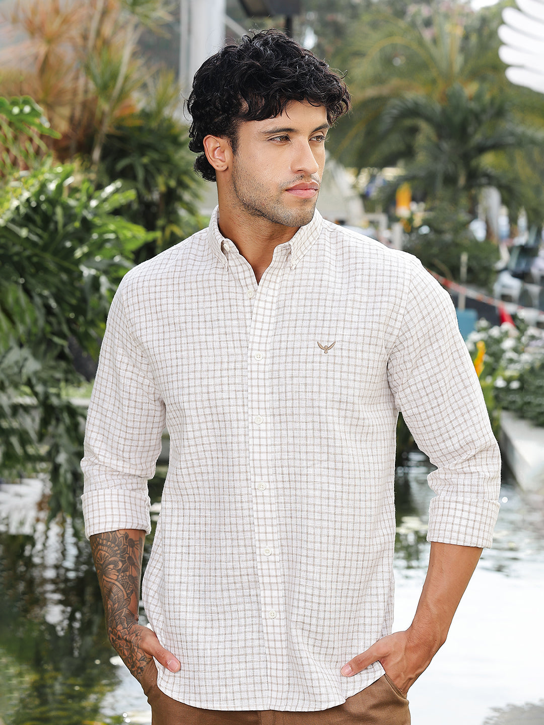 Brown Checked Slim Fit Linen Shirt