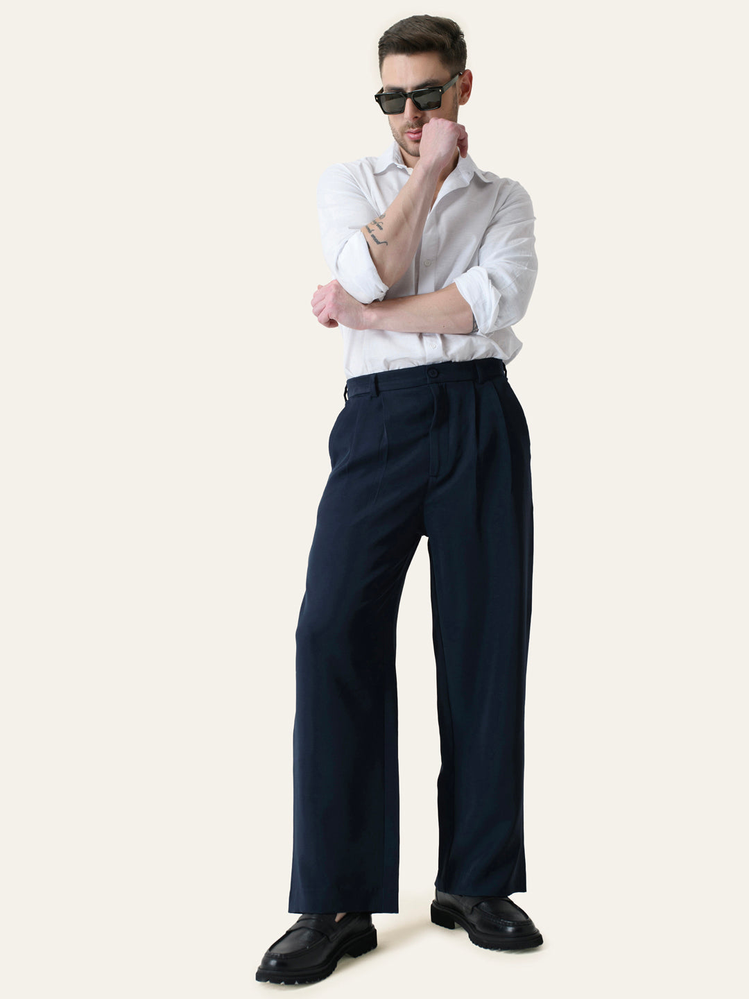 Navy Blue Solid Pleated Korean Pants