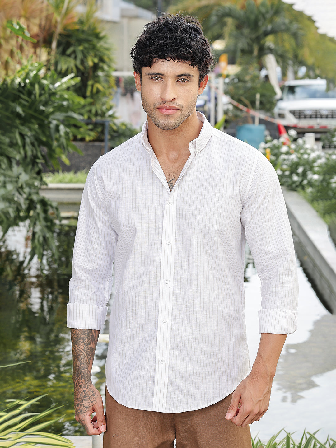 White Striped Slim Fit Linen Cotton Shirt