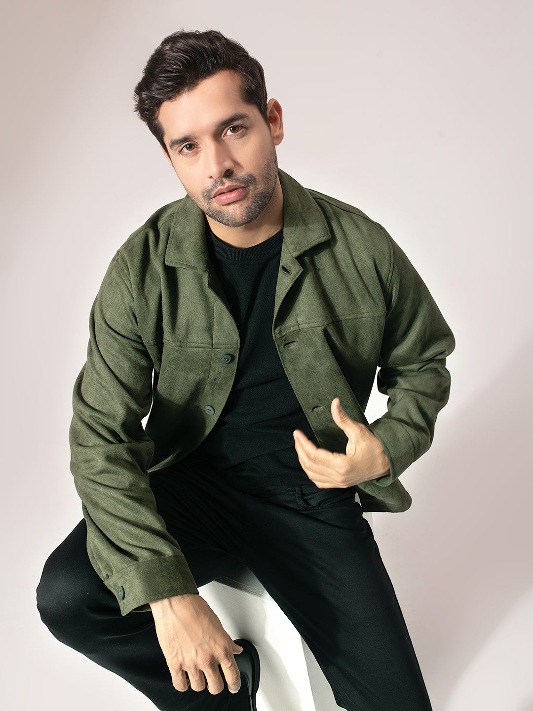 Olive Green Seude Solid Jacket