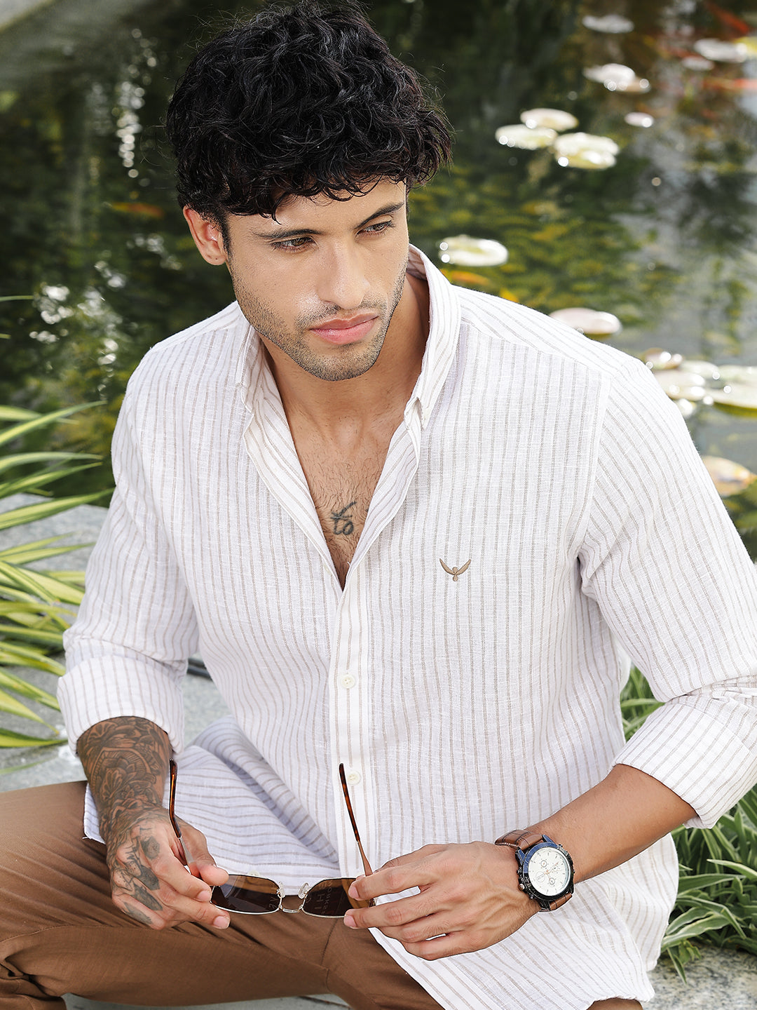 Brown Striped Slim Fit Linen Shirt