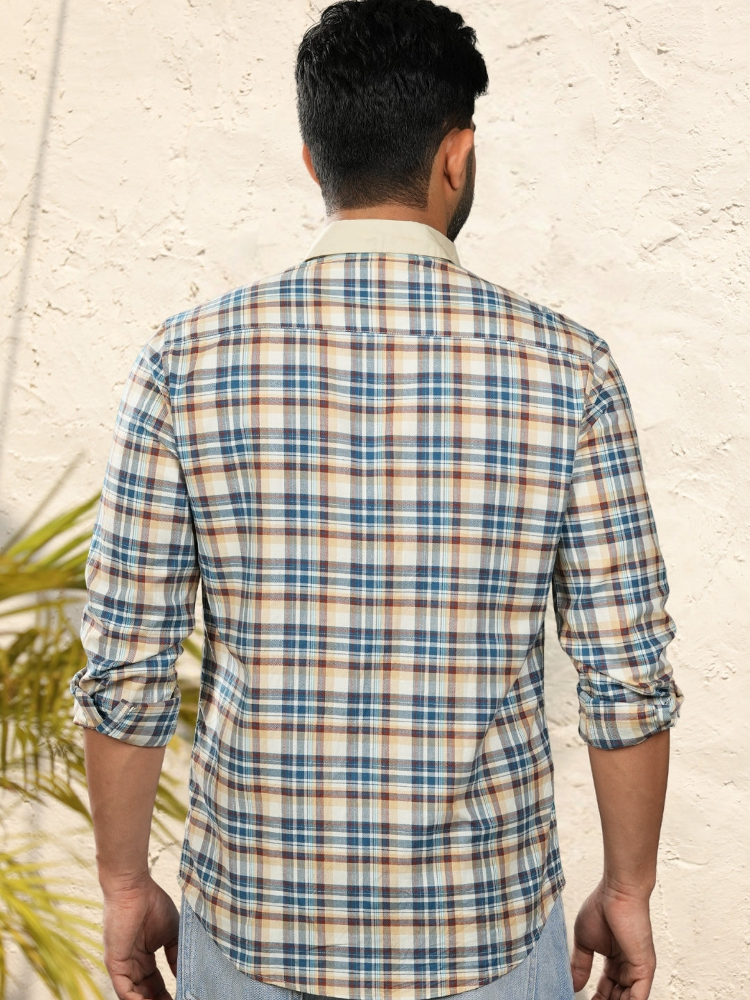 Contrast collar cotton cream checks shirt