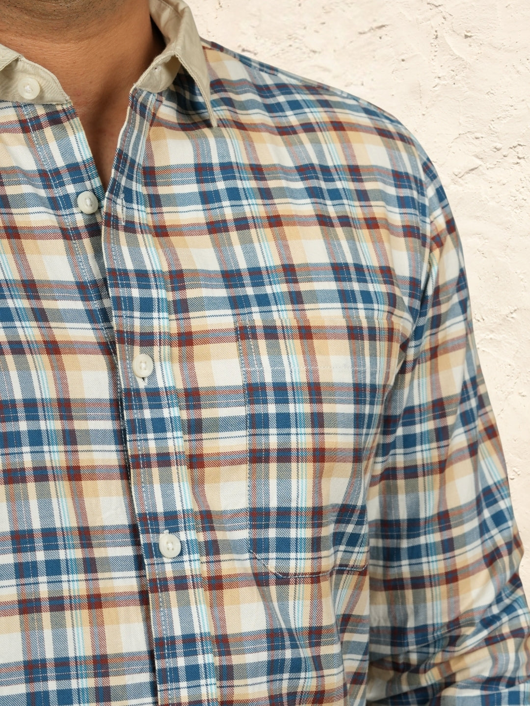 Contrast collar cotton cream checks shirt