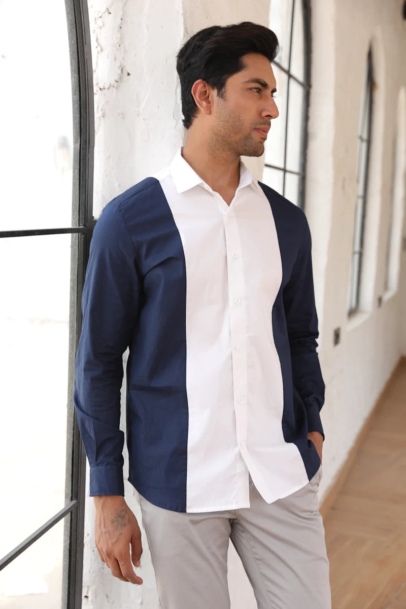 Blue & white Cut & Sew Cotton Shirt