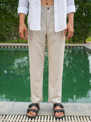 Natural Beige Solid Linen Trouser