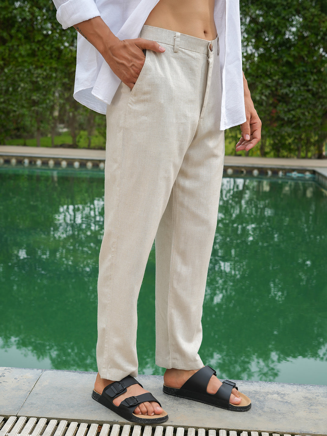 Natural Beige Solid Linen Trouser