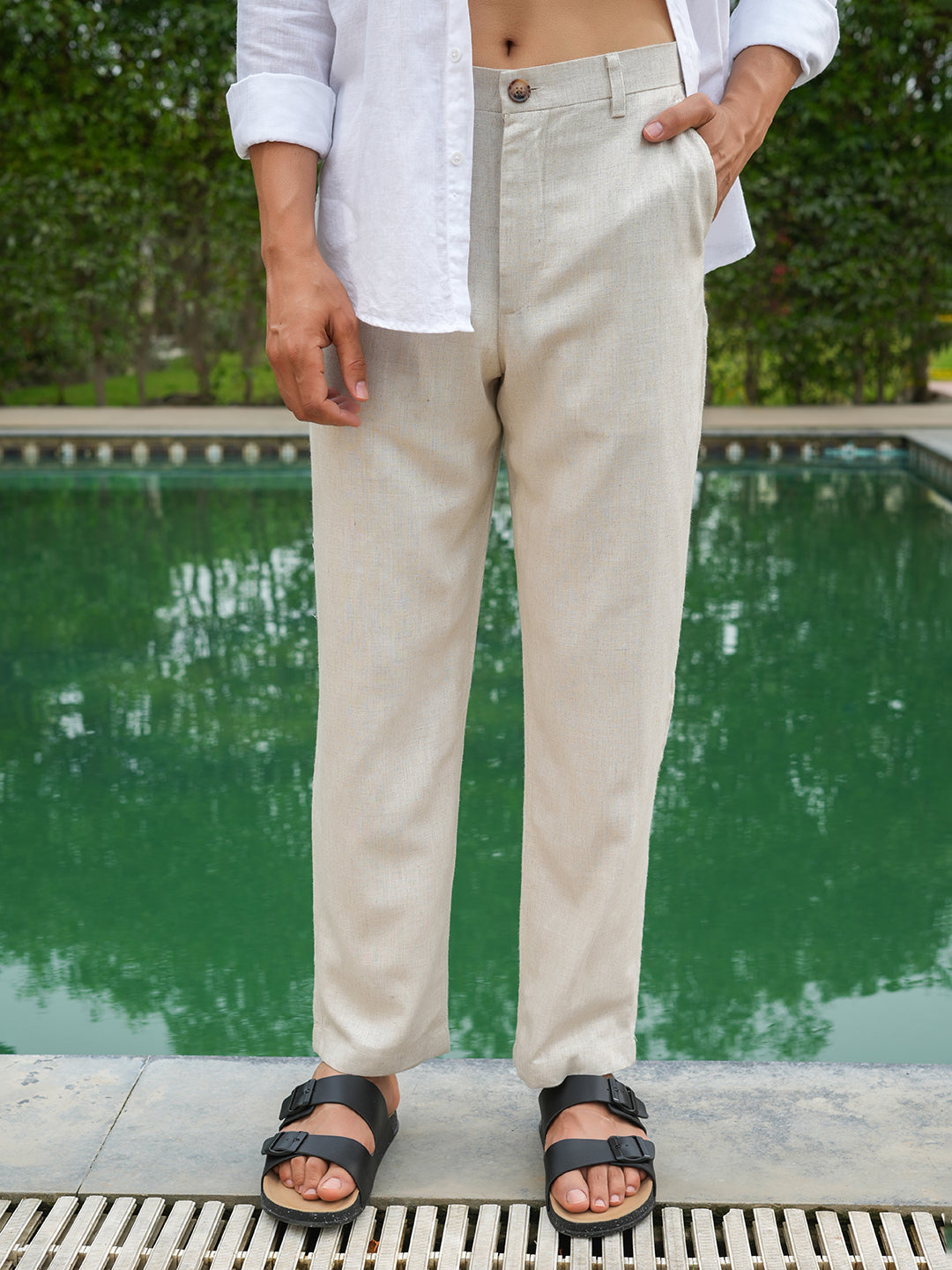 Natural Beige Solid Linen Trouser