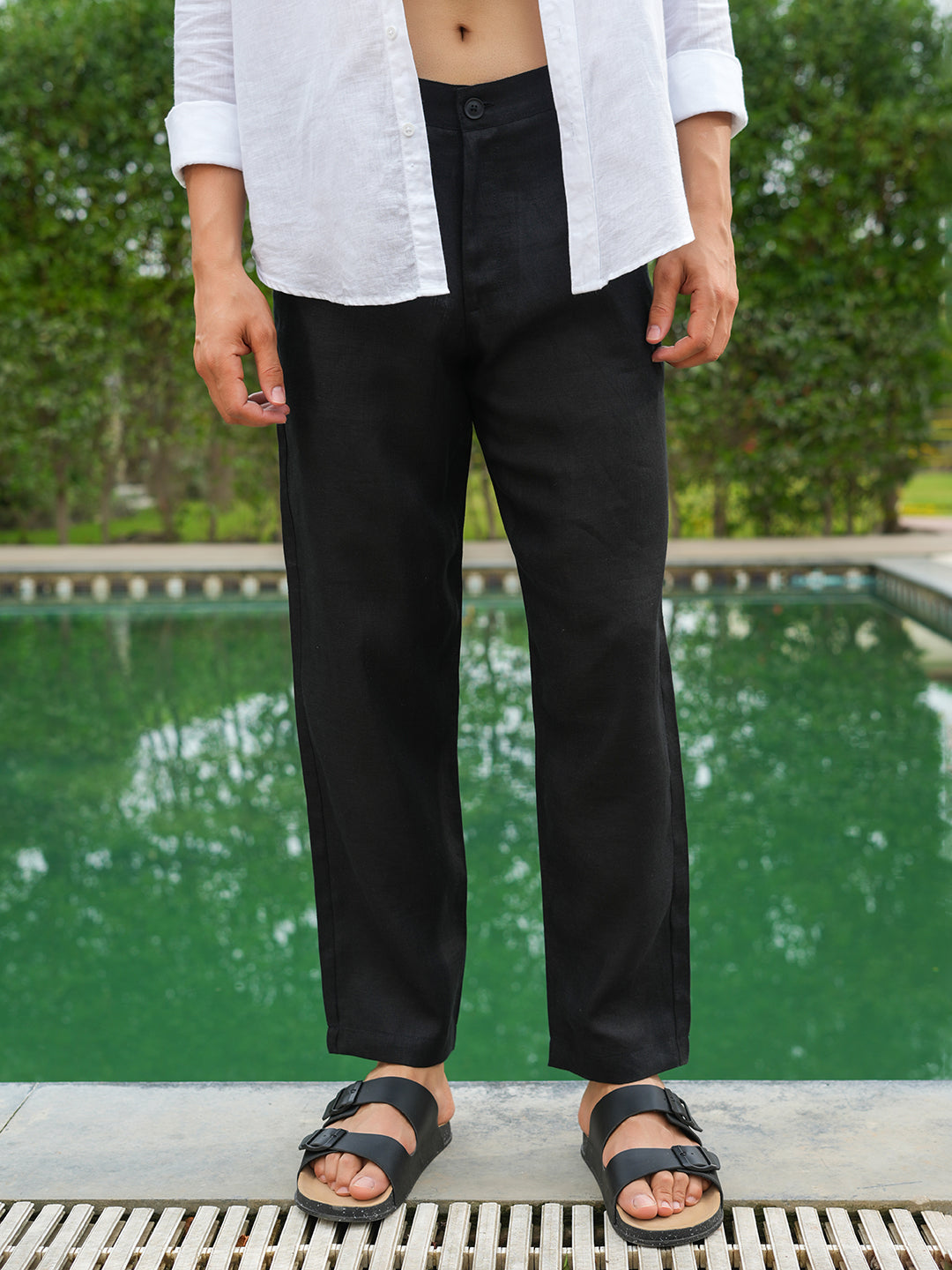 Black Solid Linen Trouser