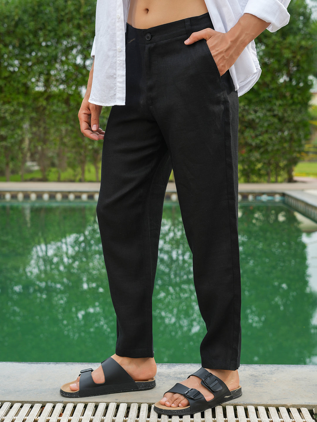 Black Solid Linen Trouser