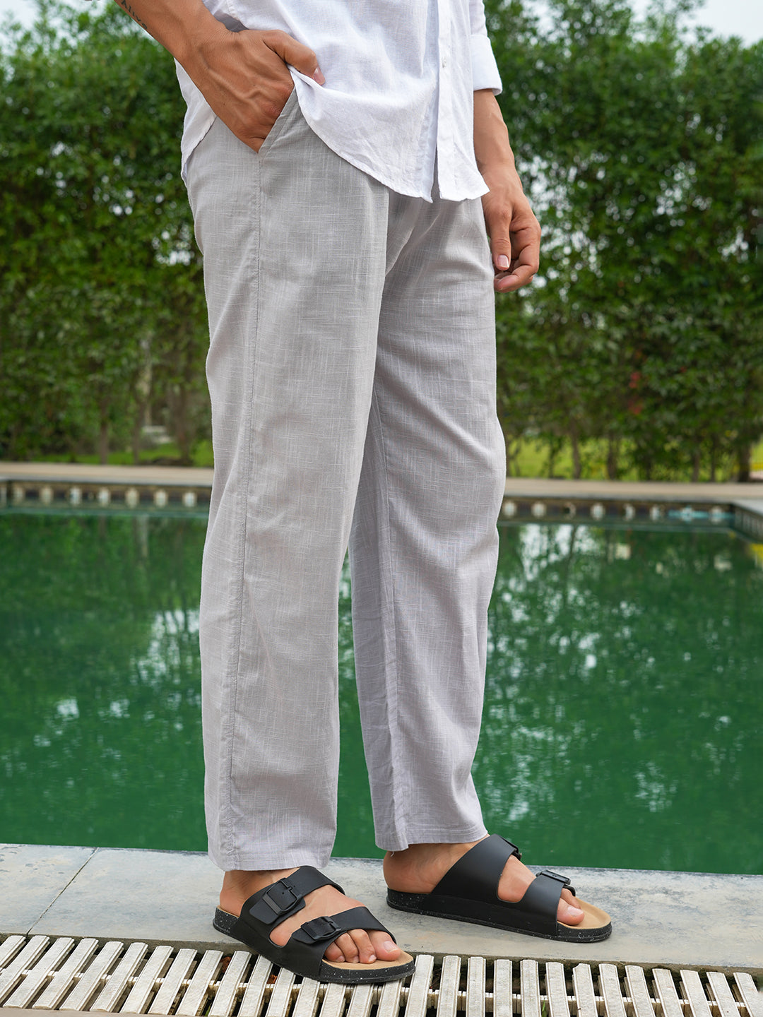 Grey Solid Linen Trouser