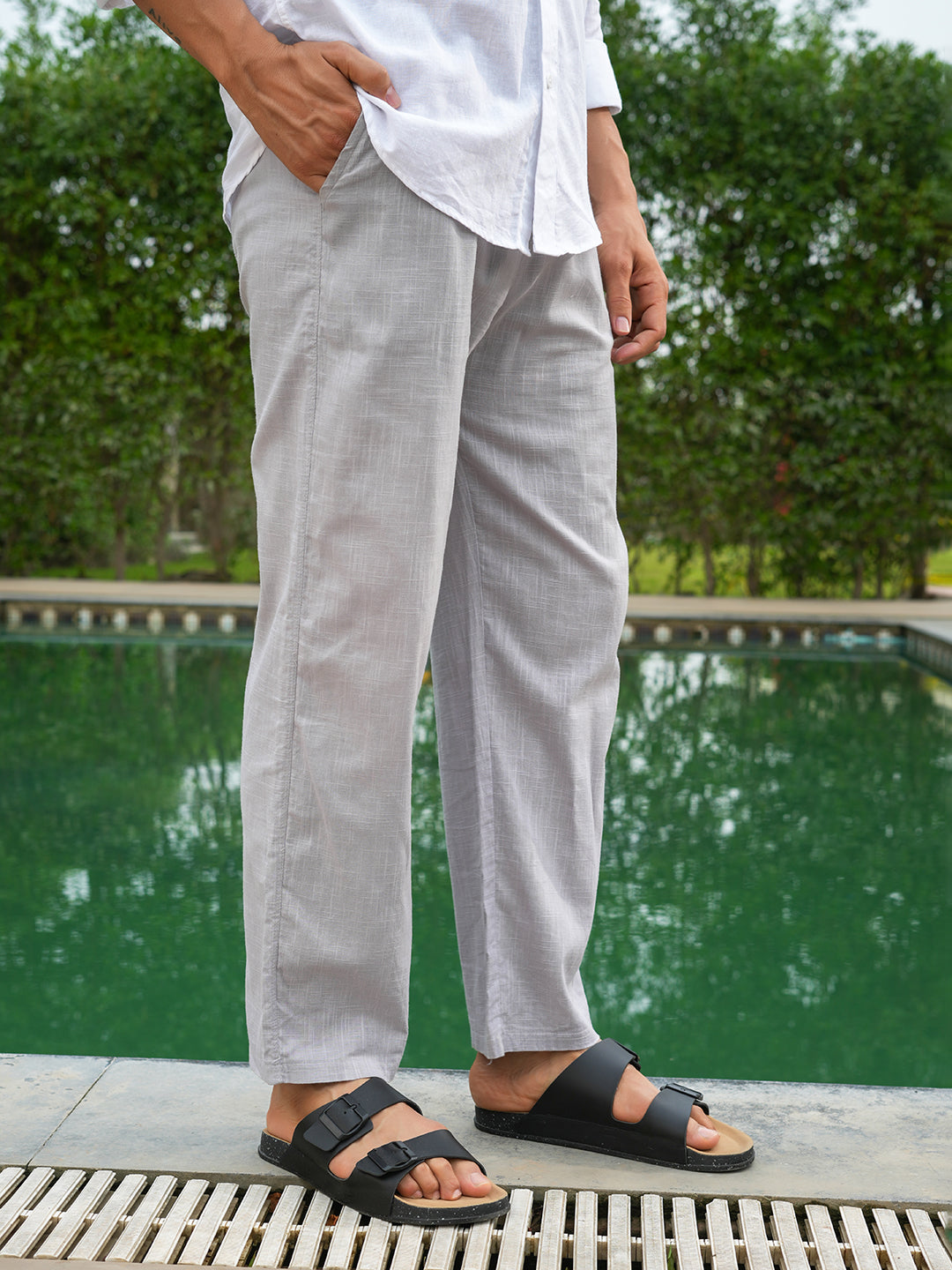 Grey Solid Linen Trouser