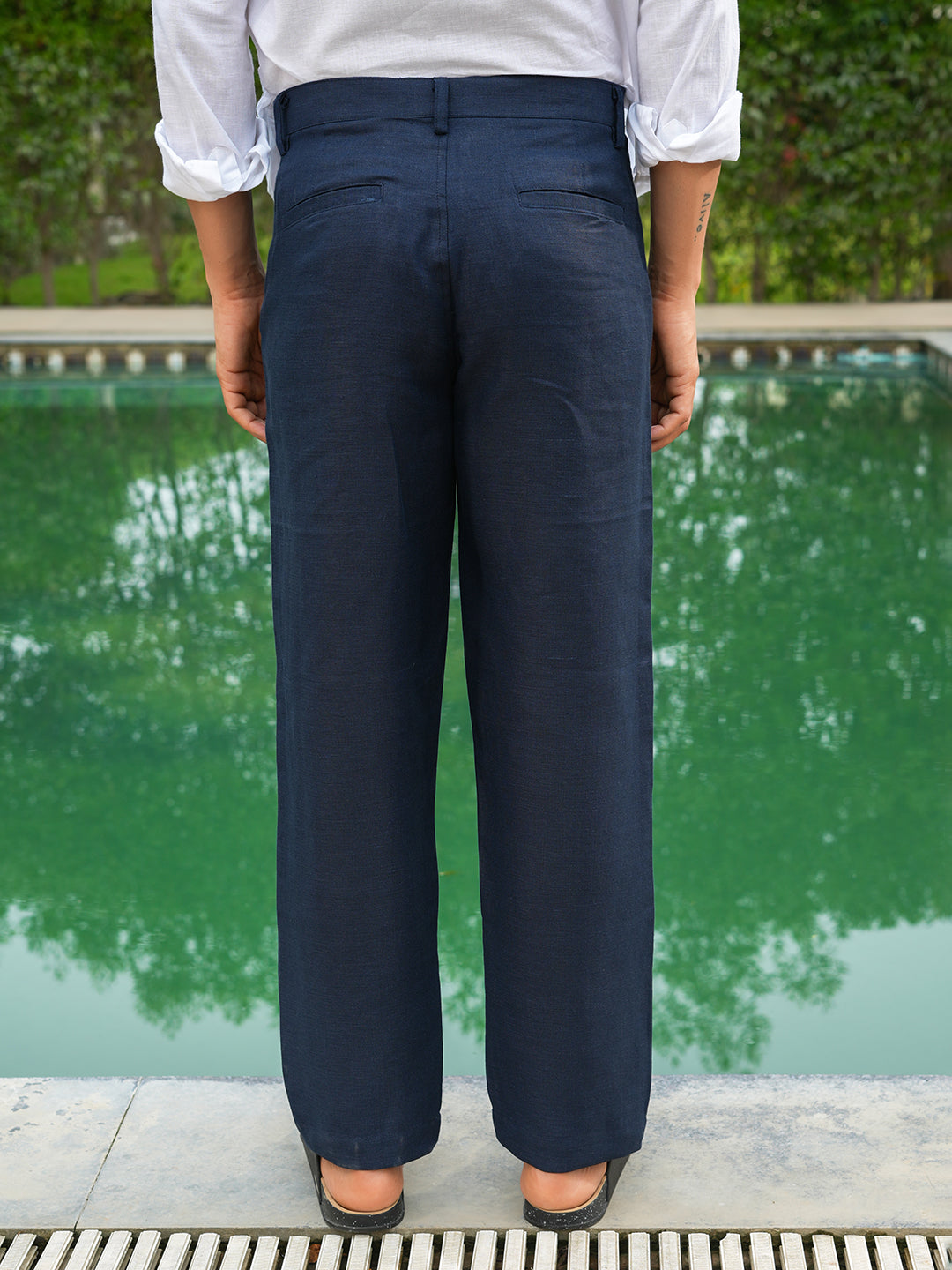 Navy Blue Solid Linen Trouser