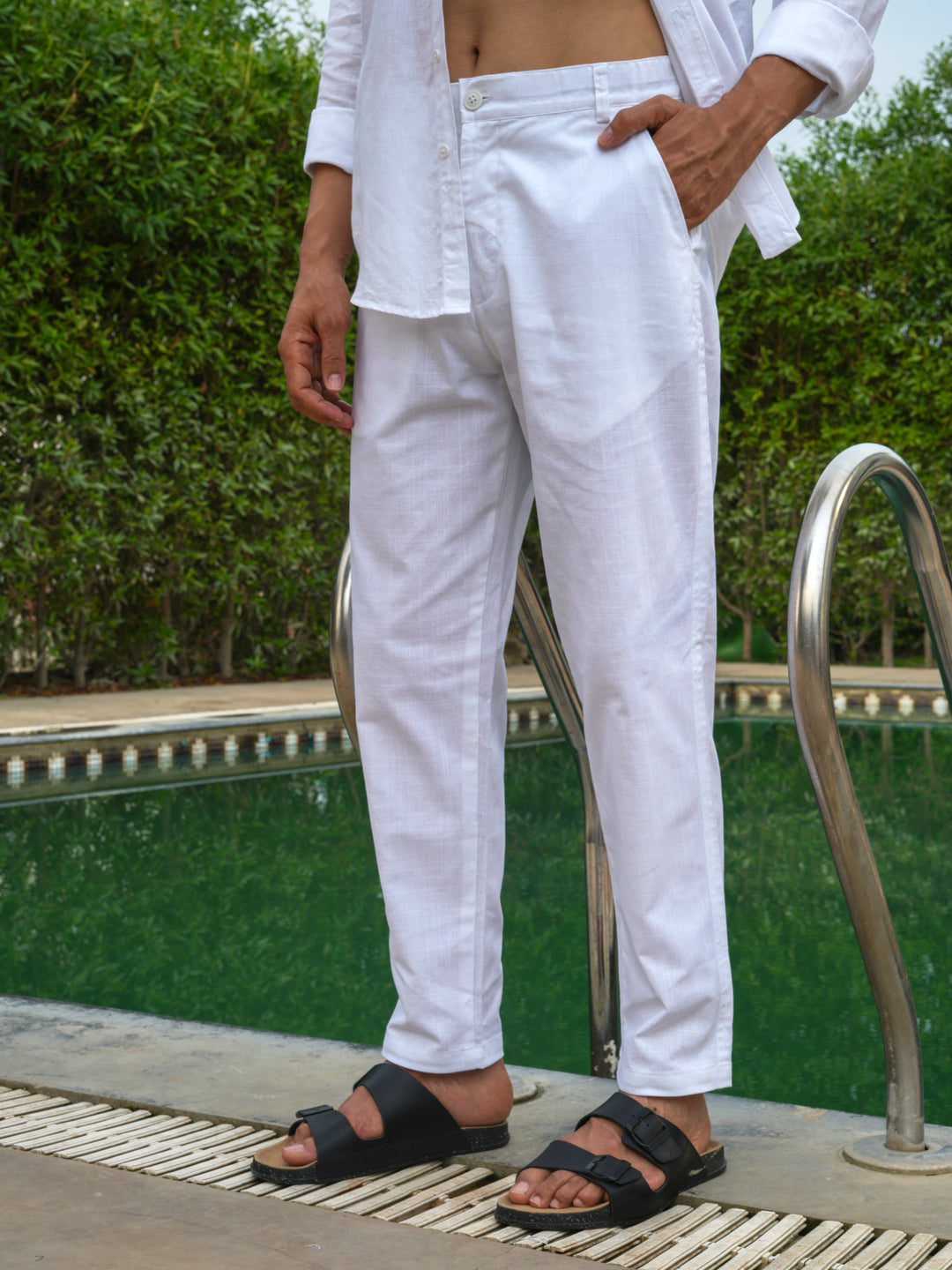 White Solid Linen Pants