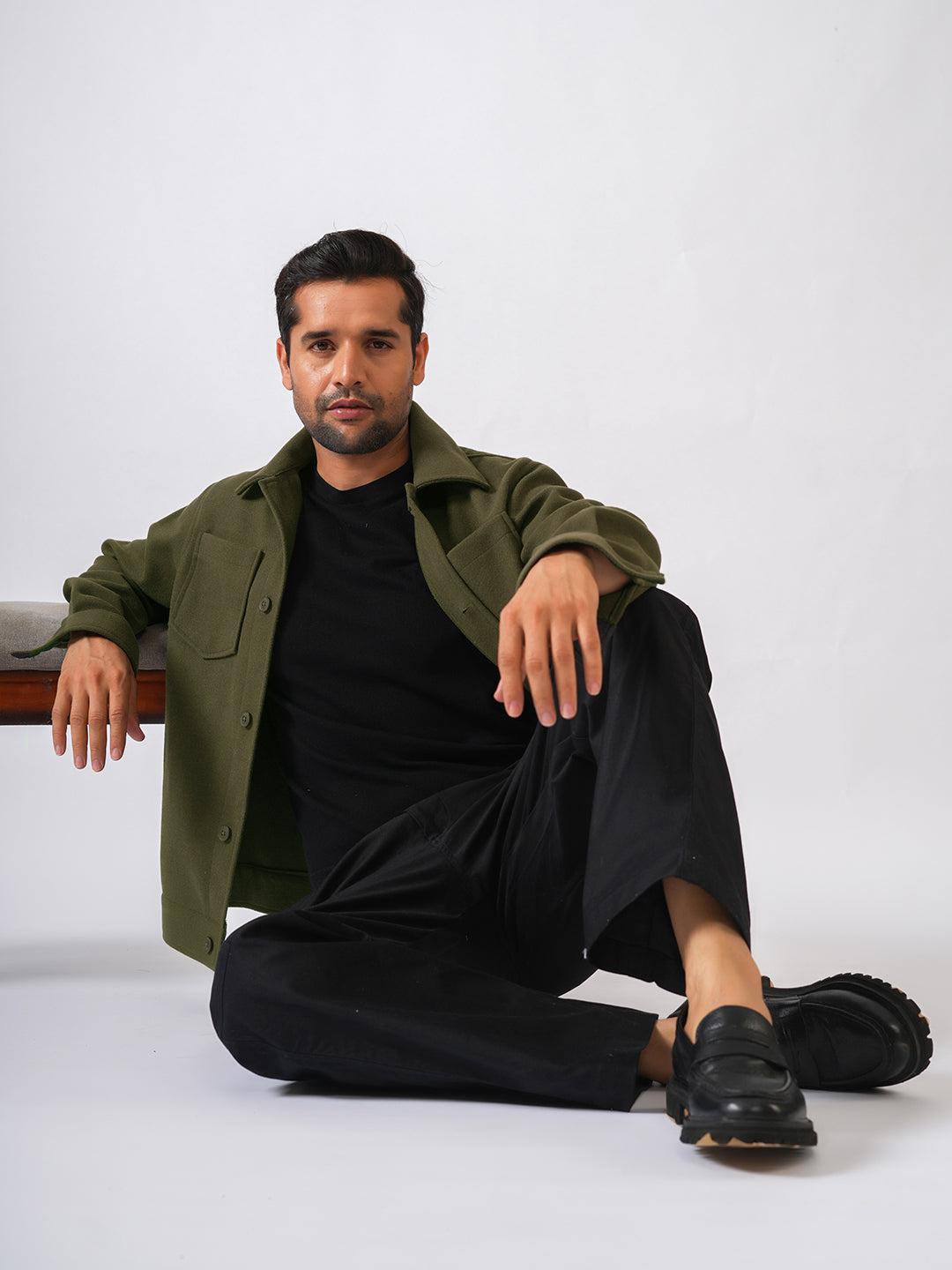 Olive Green Solid Woolen Crop Jacket