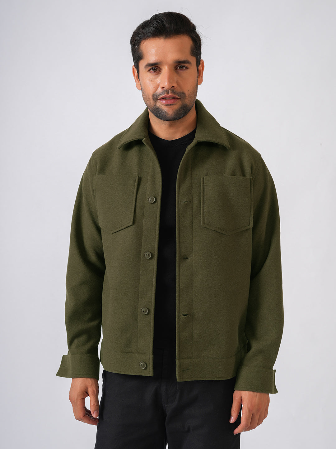 Olive Green Solid Woolen Crop Jacket