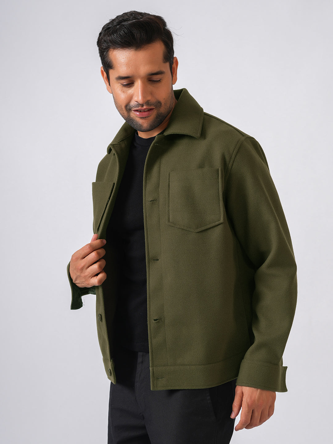 Olive Green Solid Woolen Crop Jacket