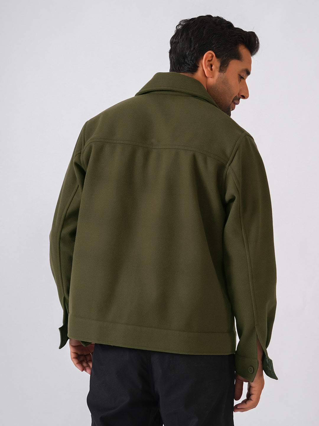 Olive Green Solid Woolen Crop Jacket