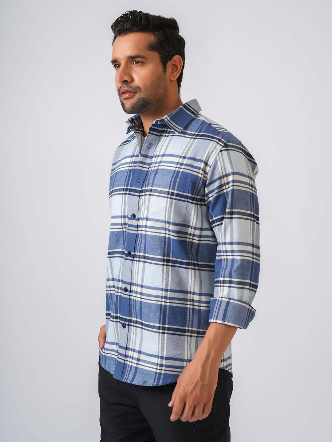 Blue Checked Slim Fit Flannel Cotton Shirt