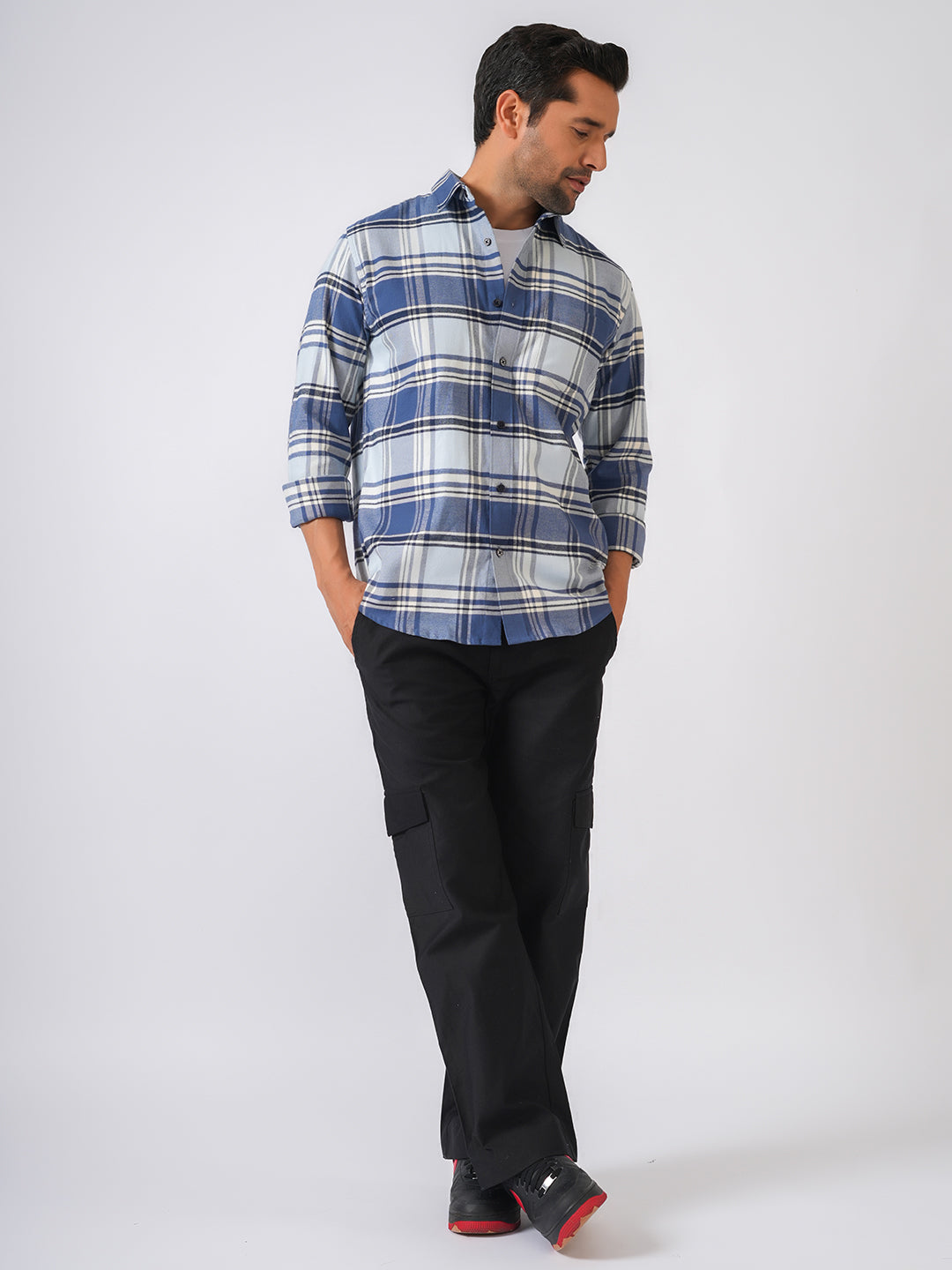 Blue Checked Slim Fit Flannel Cotton Shirt