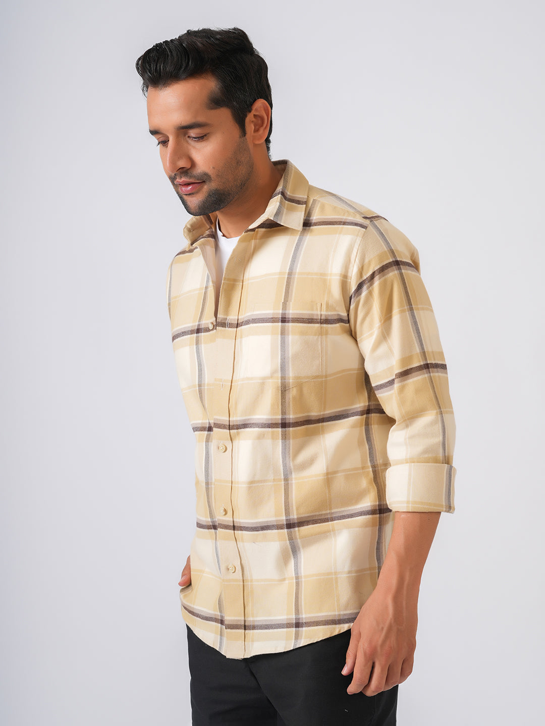 Cream Checked Slim Fit Flannel Cotton Shirt