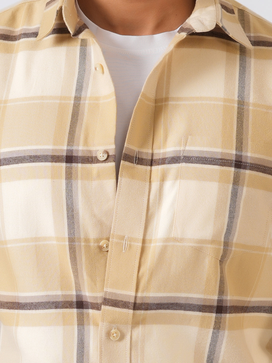 Cream Checked Slim Fit Flannel Cotton Shirt