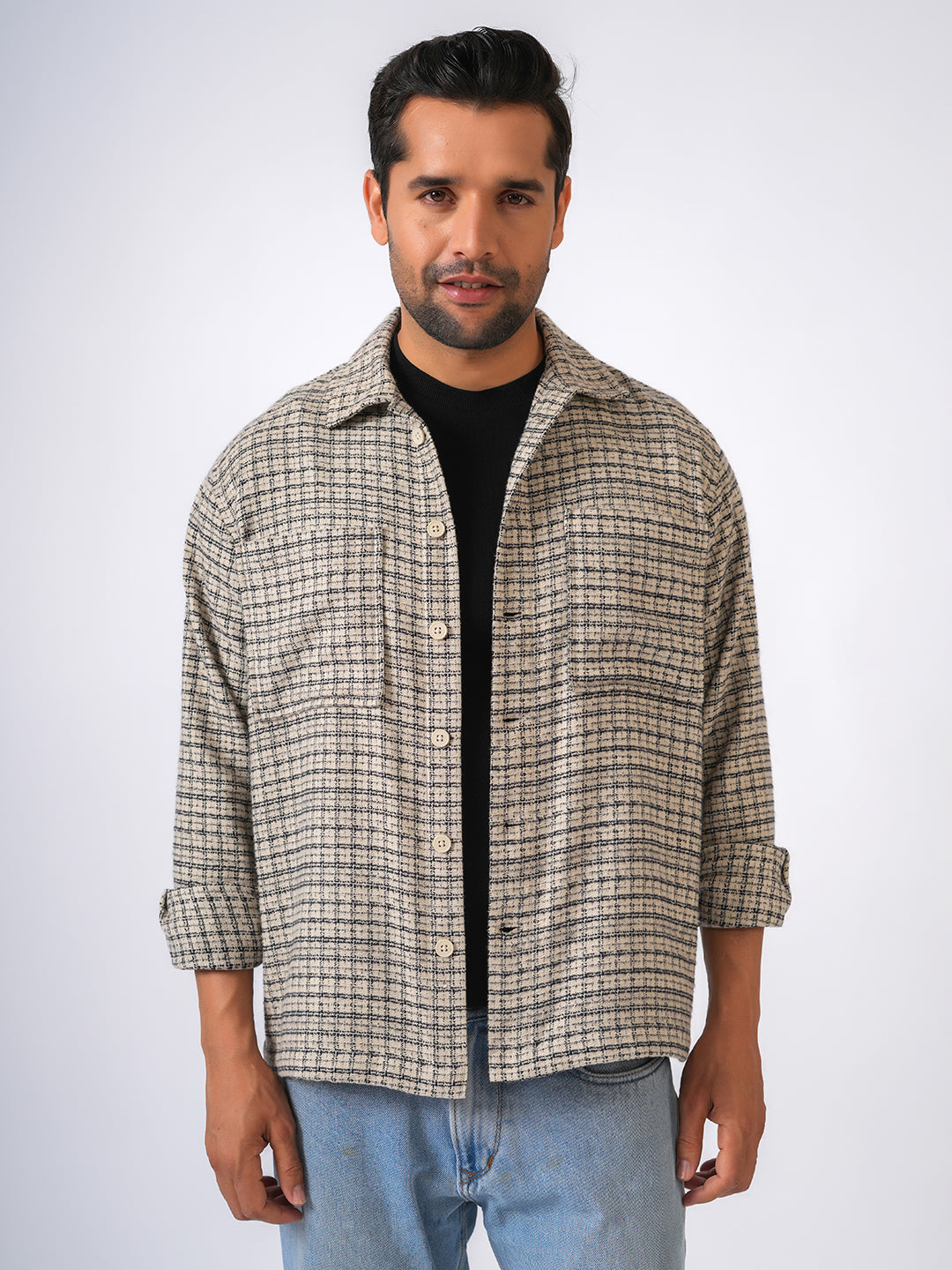 Cream Checked Cotton Shacket Over-Shirt